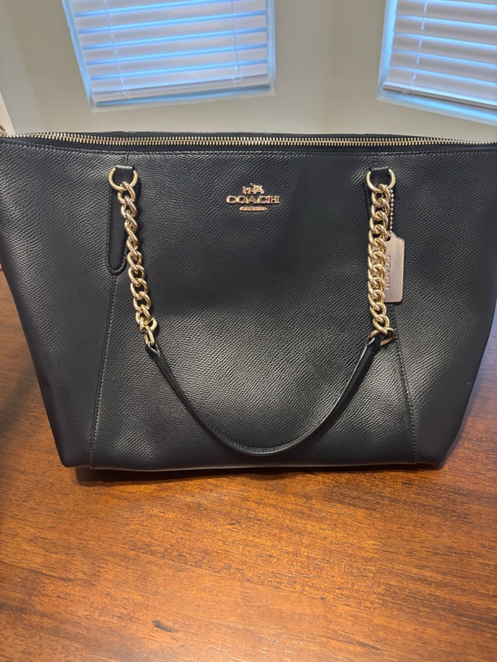 Coach Black Pebbled Leather Tote with Gold Chain Straps